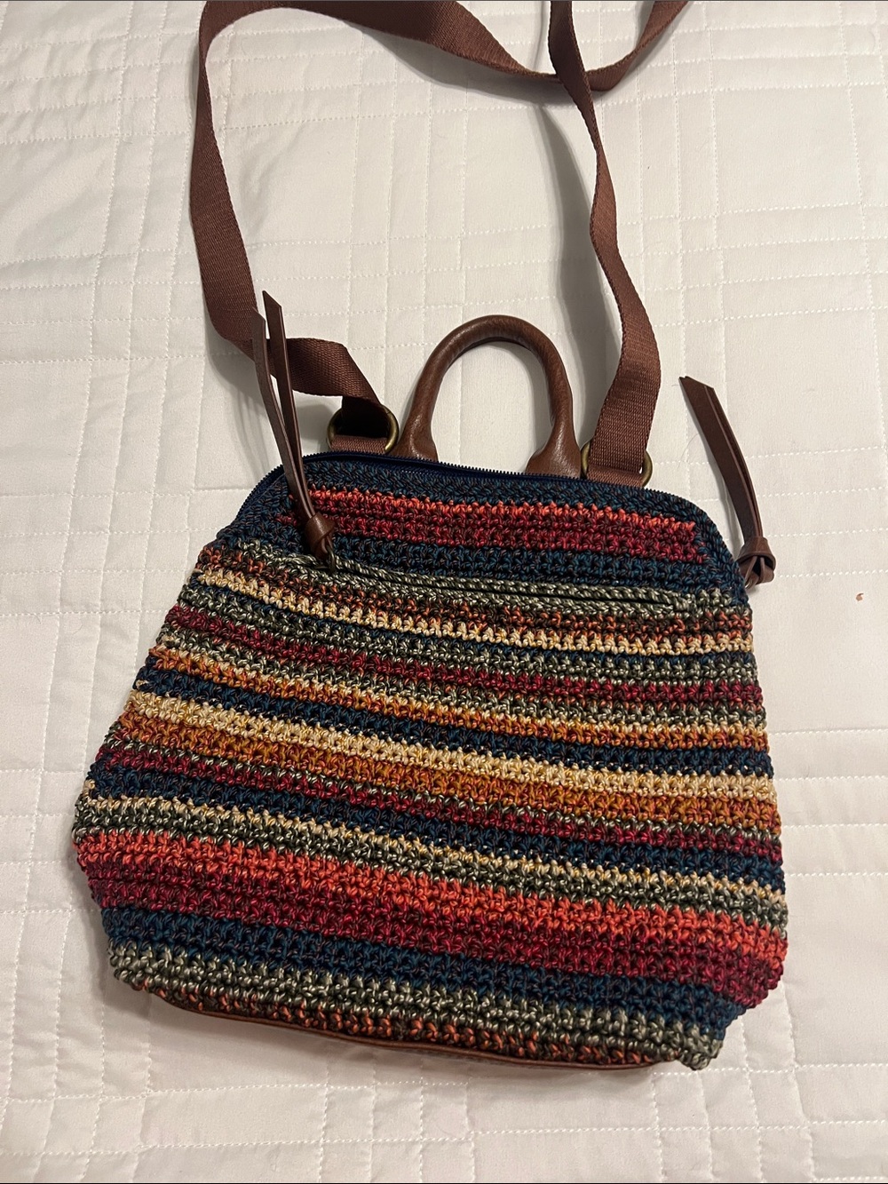 Sak Multicolor Striped Crochet crossbody Bag/backpack with Brown Handles